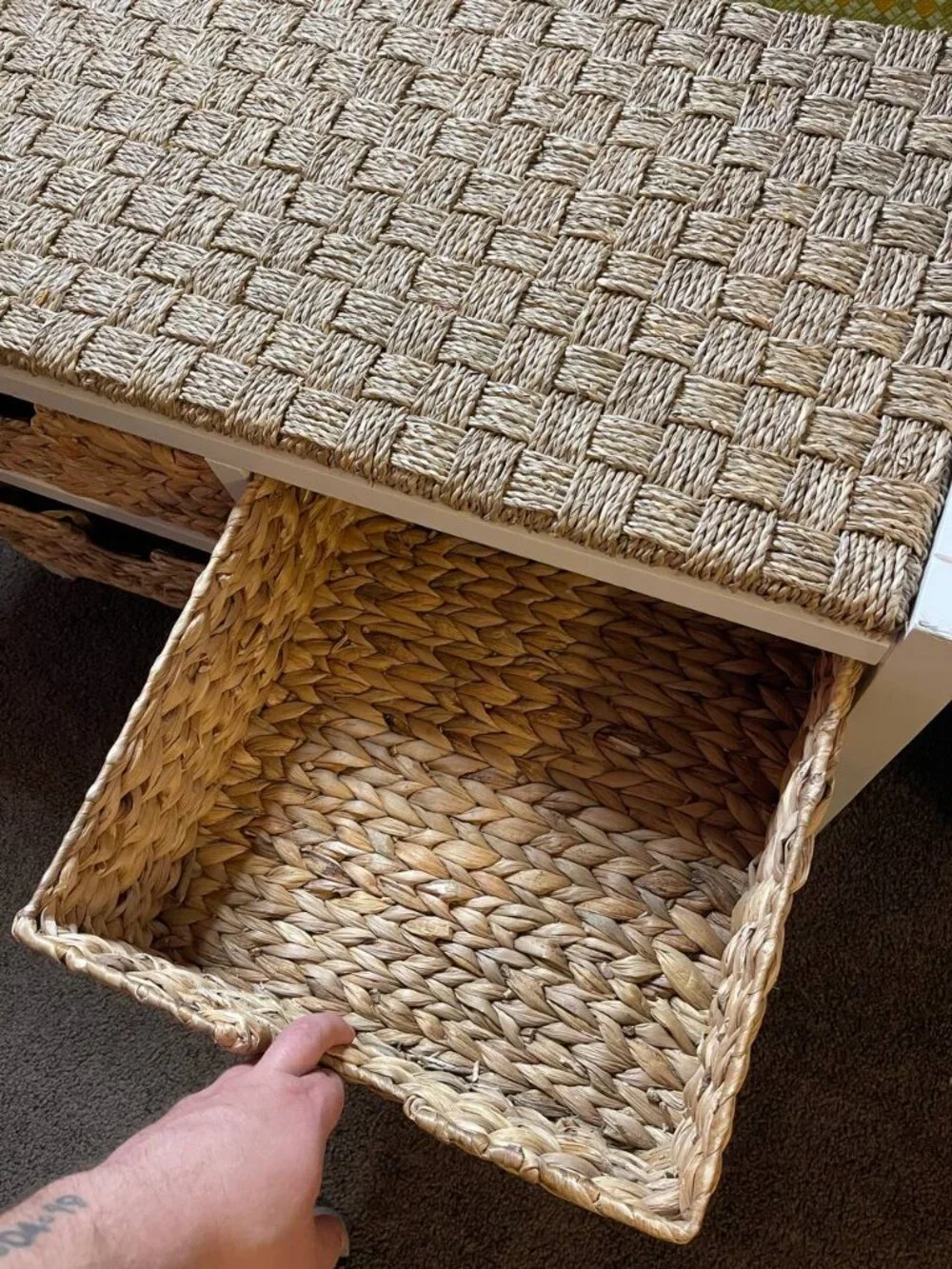 Storage Bench with 4 Wicker Baskets – White & Natural